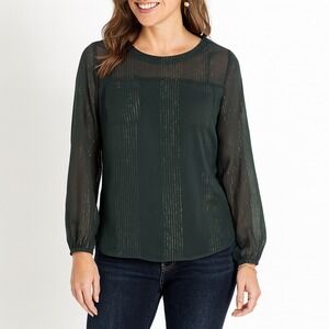 French Connection Green Gold‎ Metallic Striped Sheer Long Sleeve Blouse Small